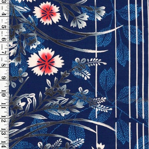 619- Yukata Fabric - Autumn Leaves & Flowers - Blue - By the Half Yard
