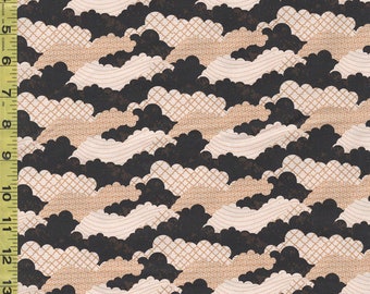 Asian - Kimonos, Koi & Dragons - Clouds with Japanese Motifs - 120-4338 - Tan-Cream-Dark Brown - By the Half Yard