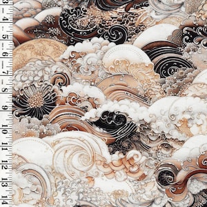 May include: Fabric featuring a repeating pattern of stylized waves in shades of brown, cream, and black. A white measuring tape is visible along the left edge, showing a length of 16 inches. The design consists of swirling water motifs.