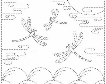 SC2021-11W - Sashiko Pre-printed Sampler - QH Textiles - Autumn Sky Dragonflies - White