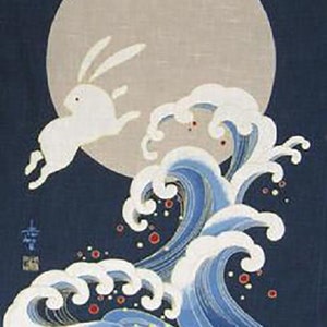 SALE - Japanese Noren Panel - Bunny Over Waves - Save 20%