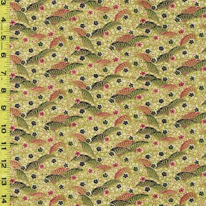 Japanese - Naka Compact Fans & Tiny Cherry Blossoms - N-2000-91C - Green - By the Half Yard