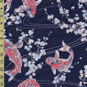 Japanese - Hokkoh Colorful Koi & Cherry Blossoms - Dobby Weave - 1023-1110-2D - Dark Navy-Indigo - By the Half Yard