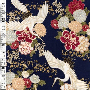 Quilt Gate - Auspicious Collection - Flying Cranes & Floral Blossoms - HR3460-13E - Navy - By the Half Yard