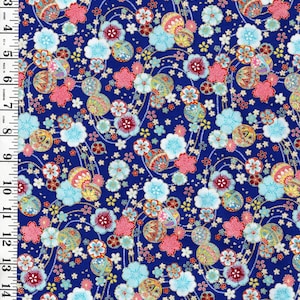 Japanese - Cosmo Small Floating Blossoms & Temari Balls - AP42110-3C - BLUE - By the Half Yard