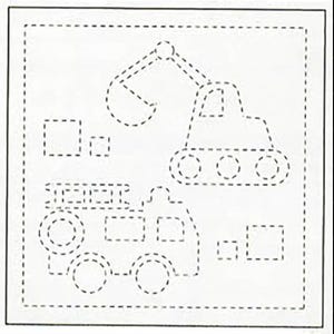 May include: A white square with a dotted outline containing dotted line drawings of a construction vehicle, an excavator, and several square shapes. The vehicles are designed for coloring or tracing.