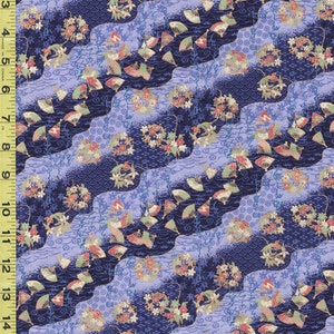 Japanese - Naka Kanji Rivers with Small Floating Fans & Floral Bouquets - N-2000-93D- Purple - By the Half Yard