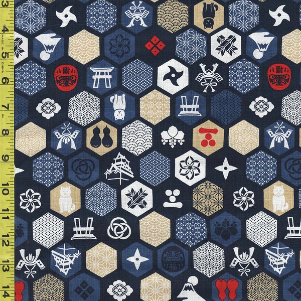 Japanese - Kokka Hexagons with Japanese Motifs - Dobby Weave - LGA-19000-3C32 - By the Half Yard