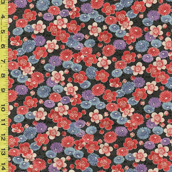 Sevenberry Kiku - Kiku (Chrysanthemums) & Cherry Blossoms - SB-850399D1-1 - BLACK - By the Half Yard