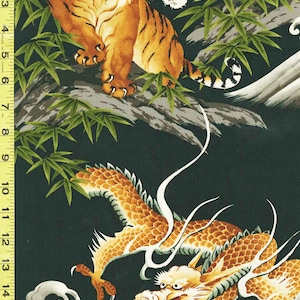 Asian - Dragons, Tigers, Bamboo & Crested Waves - Large Scale - 43278 - Forest - By the Yard