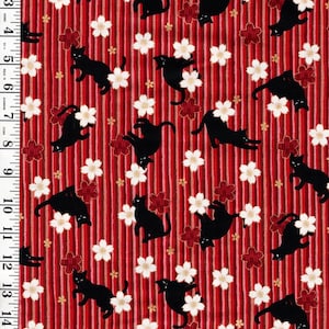 Quilt Gate - Neko Cats, Cherry Blossoms and Stripes - HR3520-12D - Cherry Red & Pink - By the Half Yard