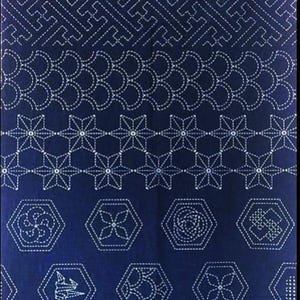 HM-21 - HEXAGON CRESTS & Japanese Multi-Patterns - Sashiko Pre-printed Panel - Dark Navy-Indigo