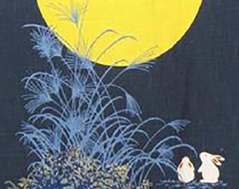 SALE - Japanese Noren Panel - Bunnies Viewing Full Moon # 103 - SAVE 20%