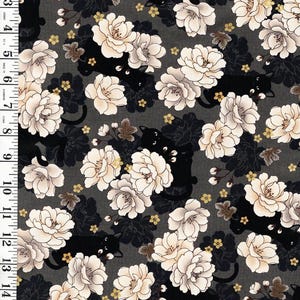 Quilt Gate - Neko MINI CATS & Peonies - HR3450-11F - CHARCOAL (Dark Gray) - By the Half Yard