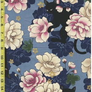 Quilt Gate - Neko Black Cat & Peonies - HR3110-11C - Blue - By the Half Yard