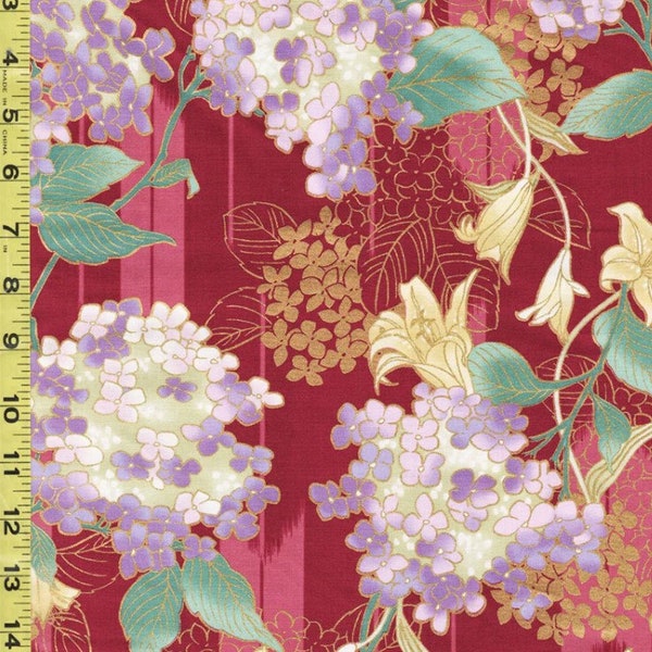 Quilt Gate - Hydrangeas Blossoms & Daylilies - HR3380-12C - Cranberry - By the Half Yard