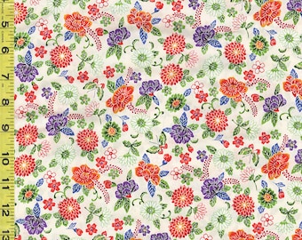 Japanese - Cosmo - Okinawa Bingata Style - Colorful Floral - Mums, Daisies & Peonies - AP25906-1A - Cream - By the Half Yard