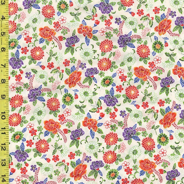 Japanese - Cosmo - Okinawa Bingata Style - Colorful Floral - Mums, Daisies & Peonies - AP25906-1A - Cream - By the Half Yard