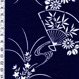 642 - Yukata Fabric - Japanese Fans & Flowers - Traditional 14" wide - Indigo - By the Half Yard