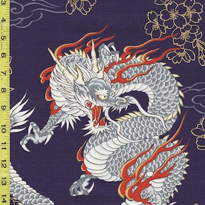 Japanese - Cosmo Large Scale - Dragons & Cherry Blossoms - Dobby Weave - AP12806-1B - Purple - By the Yard