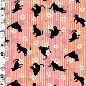 Quilt Gate - Neko Cats, Cherry Blossoms and Stripes - HR3520-12A - Pink & Yellow Gold - By the Half Yard