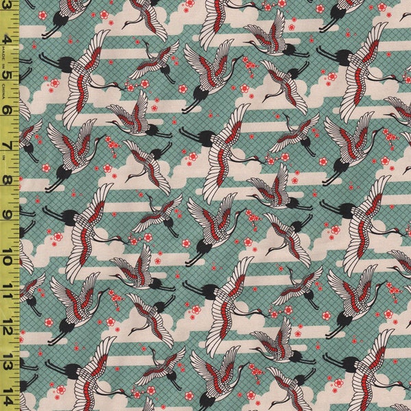 Asian - Kimonos, Koi & Dragons - Small Flying Cranes - 120-4334 - Teal - By the Half Yard