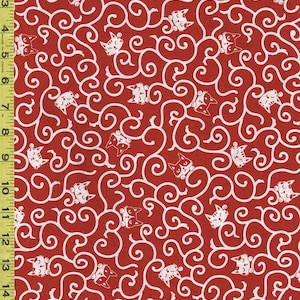 Japanese Novelty - Sleepy Cat Faces and Swirly Scrolls - N-2000-77B - Red & White  - By the Half Yard