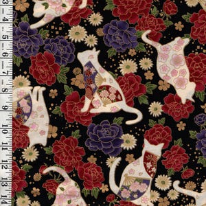 Quilt Gate - Hana & Neko - Floral Cats, Fans and Peonies - HR3480-12F - Black - By the Half Yard