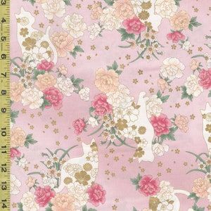 Quilt Gate - Cats, Peonies & Tiny Floating Blossoms - HR3430-11B - Pink - By the Half Yard