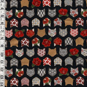 Quilt Gate - Decorative Cat Faces & Camelias - HR3480-11G - Black - By the Half Yard