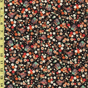 Japanese - Naka Japanese Carts & Floral Blossoms - Gold Metallic - N-2000-98C - Black - By the Half Yard