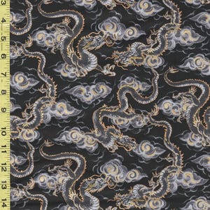 Quilt Gate - Hyakka Ryoran - Dragons & Clouds - HR3440-12E - Black - By the Half Yard
