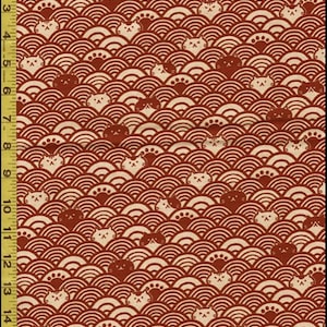 Japanese Novelty - Cosmo Cat Faces & Waves - Dobby Weave - AP41903-2A - Brick and Tan - By the Half Yard