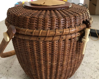 【希少】✨ナンタケットバスケット型　小物入れ　アクセサリー入れ　アンティーク Vintage Nantucket basket purse quail on top placque signed