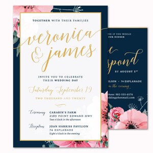 Navy, GOLD & Blush Wedding Invitation - Modèle d’invitation de mariage - Imprimer à la maison - Aquarelle - 2020 - Carte RSVP incluse - Tendances 2020