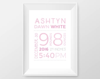 PERSONALIZED BIRTH ANNOUNCEMENT - Nursery Decor Wall Art - Baby Shower Gift - Birth Stats - Birth Details - Baby's Room - Printable