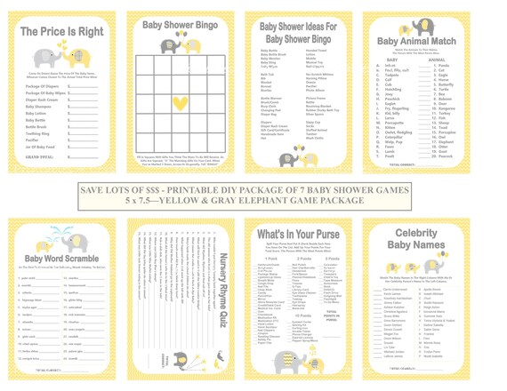 Printable Baby Shower Bingo Card Editable PDF Yellow Elephant Baby Shower Bingo Yellow Chevron Baby Shower