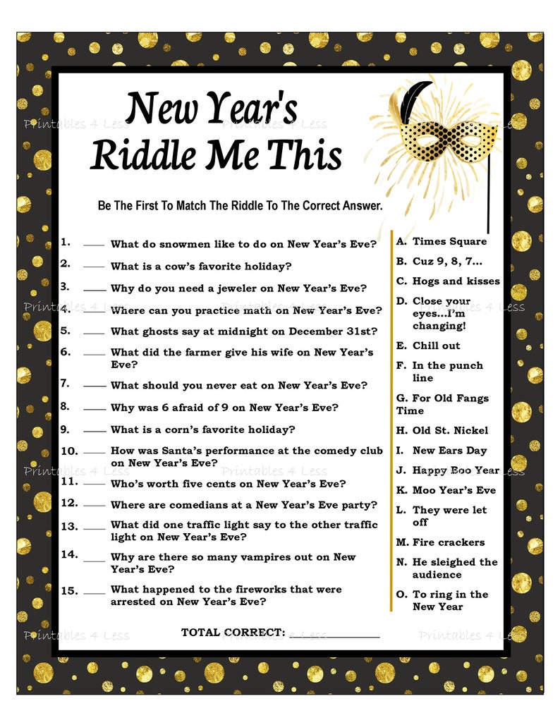 New Year's Riddle Game New Years Party Games Holiday Etsy