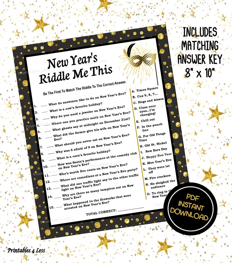 New Year's Riddle Game New Years Party Games Holiday | Etsy