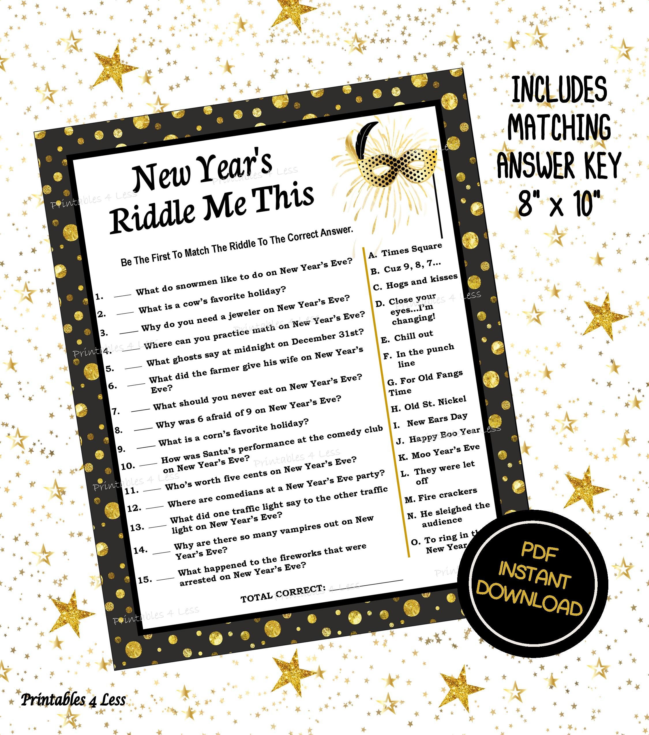 New Year S Riddle Game New Years Party Games Holiday Etsy