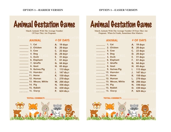 Woodlands Animal Gestation Game Printable Animal Pregnancy Etsy