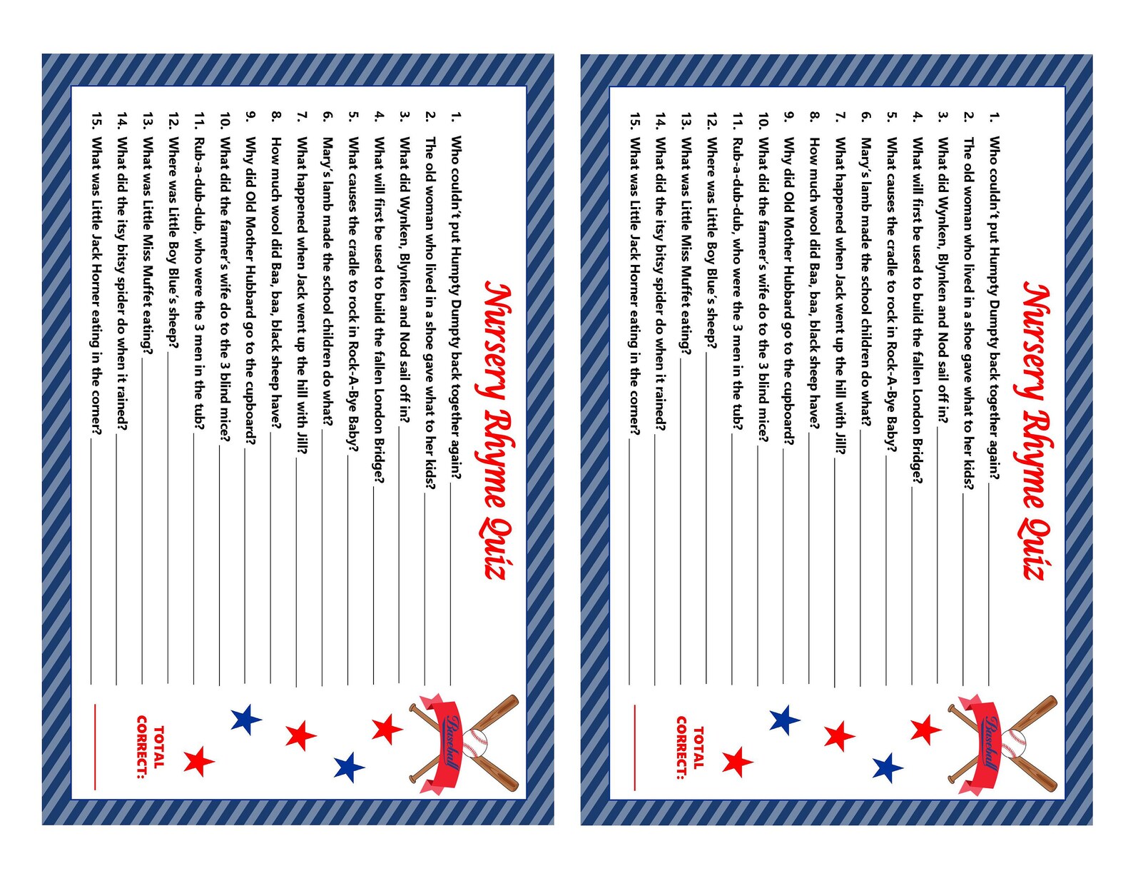 Baseball Nursery Rhyme Game Name That Rhyme Printable Etsy