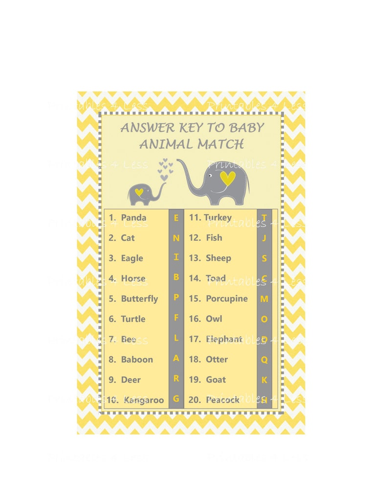By Printables 4 Less Baby Shower Game Ideas Elephant Shower Baby Animal Name Game Yellow Chevron Elephant Game Baby Animal Match Game
