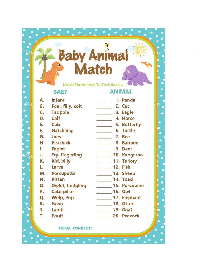 Dinosaur Baby Animal Match Baby Animal Name Game Printable Etsy
