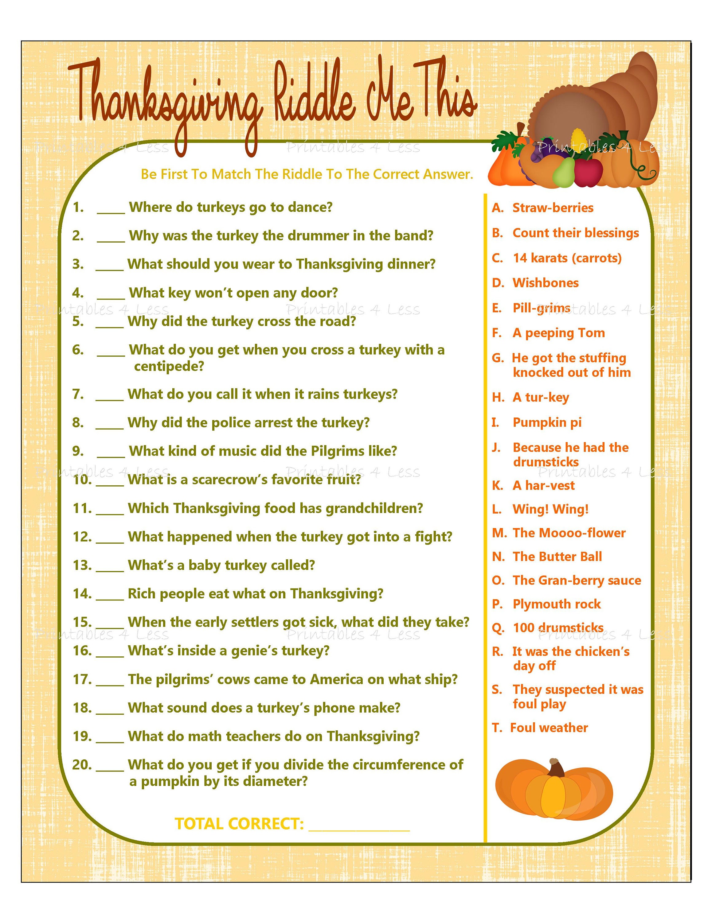 Thanksgiving Game Printable Thanksgiving Riddle Game Etsy