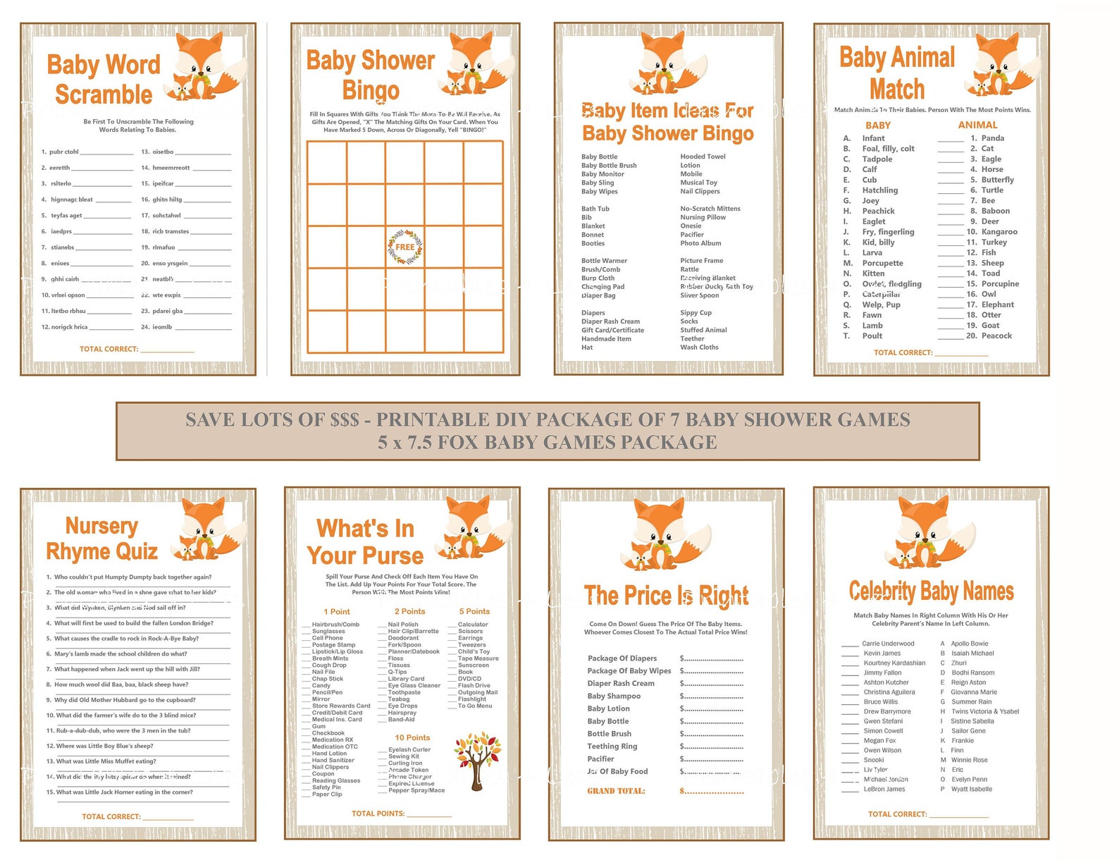 Fox Baby Shower Game Package Printable Fox Baby Game Fox Etsy