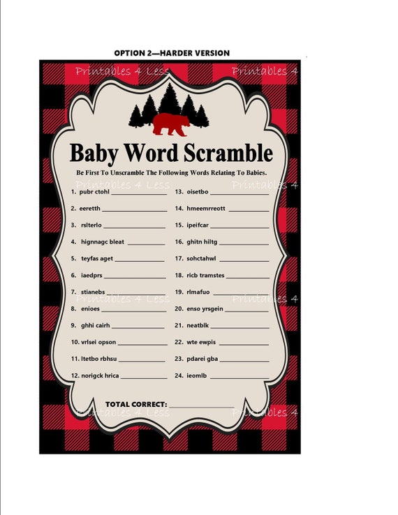 24 Count Rustic Woodland Buffalo Plaid Baby Shower Word Scramble Game