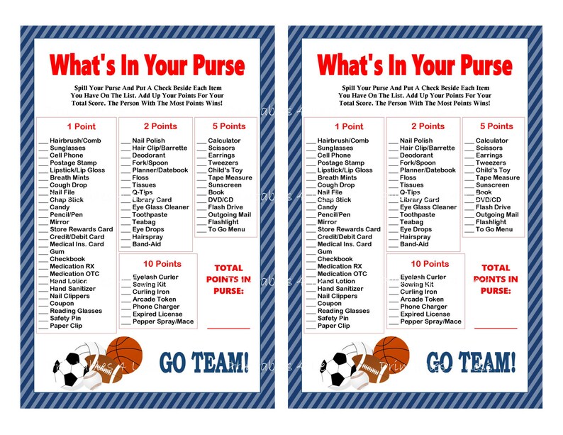 Sports Purse Game Printable Sport What's In Your Purse Etsy