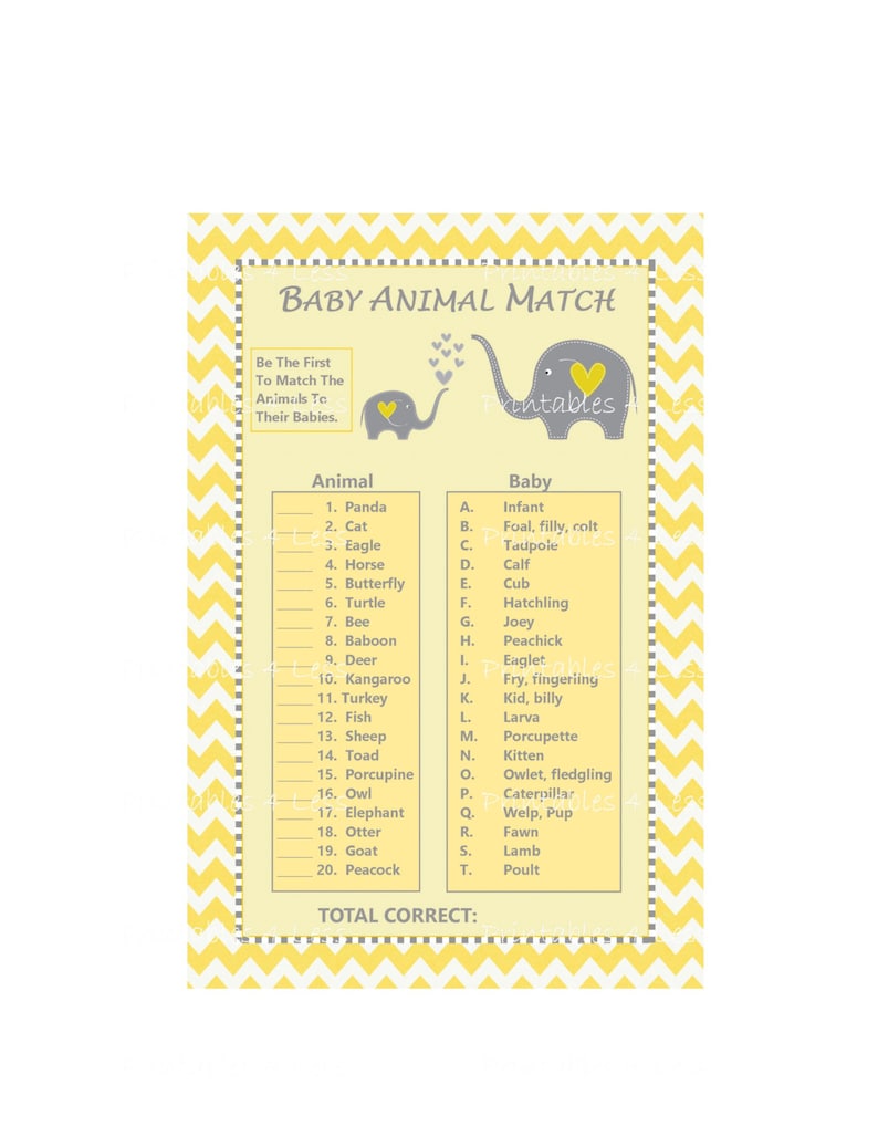 By Printables 4 Less Baby Shower Game Ideas Elephant Shower Baby Animal Name Game Yellow Chevron Elephant Game Baby Animal Match Game