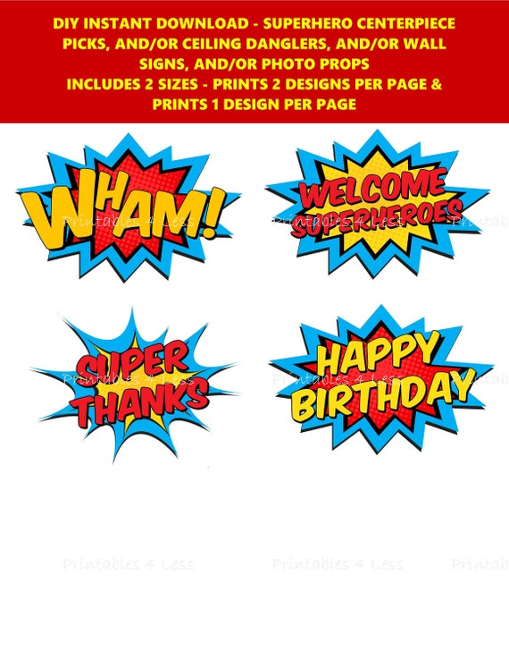 Superhero Centerpiece Pick Superhero Party Supplies Diy Superhero Party Decoration Printable Superhero Ceiling Dangler Printables 4 Less